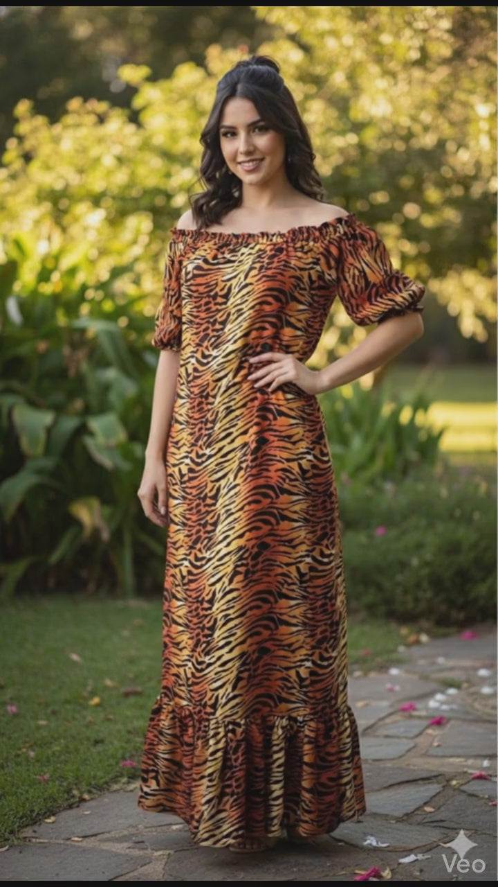 Vestido Longo Animal Print Ombro a Ombro