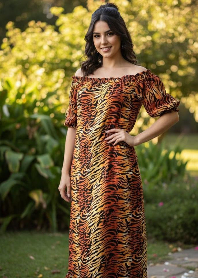 Vestido Longo Animal Print Ombro a Ombro